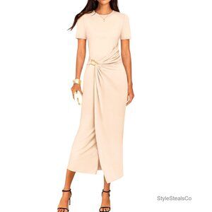 Summer Short Sleeve Bodycon Midi Dress Crewneck Ruched Split Cocktail Wrap